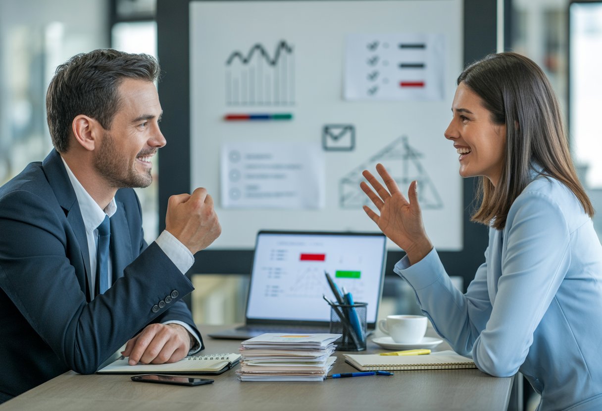 Ein Personalmanager und ein Bewerber sitzen an einem Schreibtisch und führen ein freundliches Gespräch in einem modernen Büro.