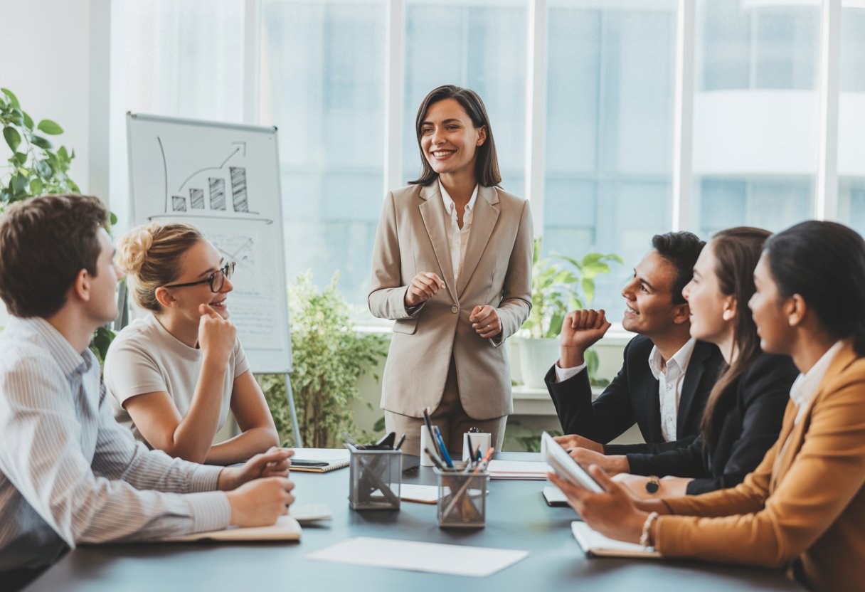 Eine Gruppe von Berufstätigen in einem modernen Büro, die an einer Schulung zum positiven Denken teilnehmen.