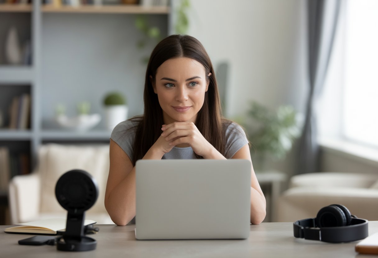 Eine Frau sitzt an einem Schreibtisch vor einem Laptop und bereitet sich auf ein Videointerview vor, dabei hält sie Blickkontakt zum Bildschirm und zeigt eine aufrechte, konzentrierte Körperhaltung.