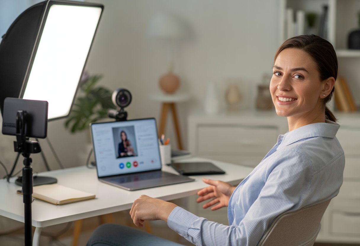 Person sitzt an einem aufgeräumten Schreibtisch mit Laptop und Kamera, bereit für ein Videointerview, mit direktem Blick in die Kamera und offener Körpersprache.