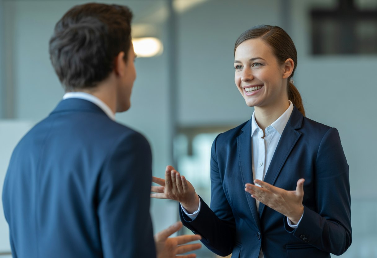 Eine selbstbewusste Person in Geschäftskleidung führt ein Gespräch mit offenem Auftreten und freundlichem Lächeln in einem modernen Büro.