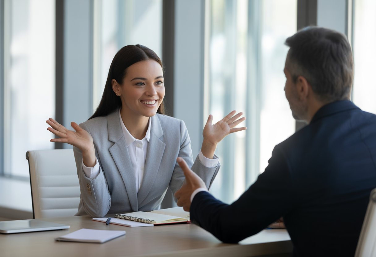 Eine junge Frau im Business-Outfit sitzt in einem hellen Büro bei einem Vorstellungsgespräch und spricht mit einem Mann am Tisch.