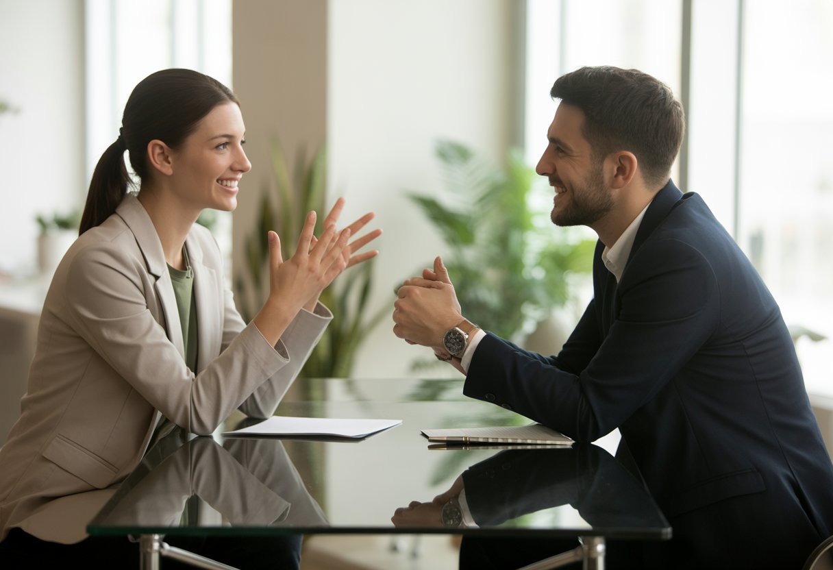 Zwei Personen führen ein erstes Gespräch in einem modernen Büro, sie lächeln und schauen sich freundlich an.