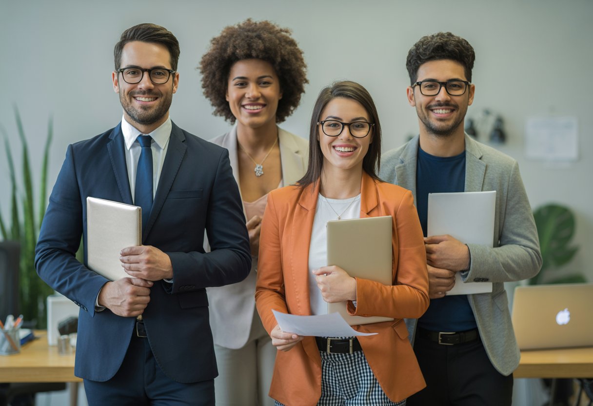 Vier Personen in verschiedenen beruflichen Kleidungsstilen stehen zusammen in einem modernen Büro und bereiten sich auf Vorstellungsgespräche vor.