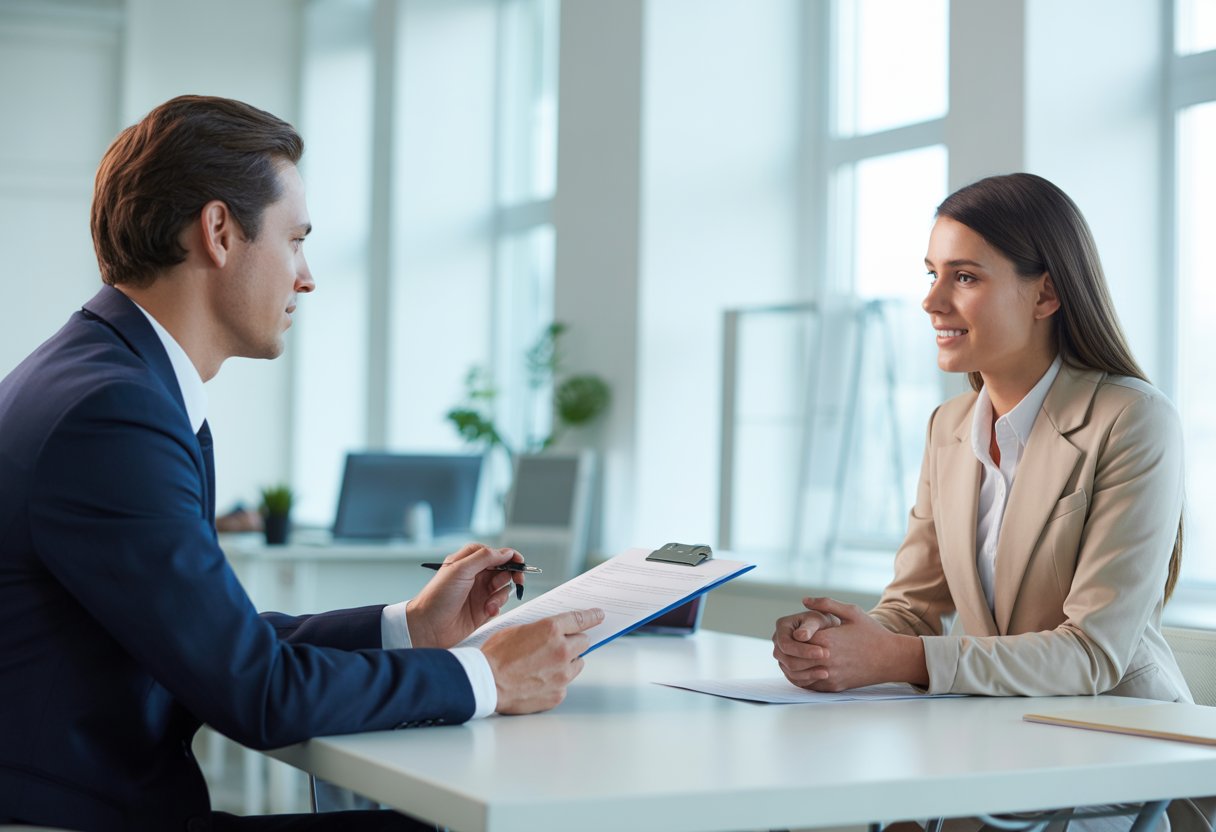 Ein Vorstellungsgespräch mit einem Interviewer und einem Bewerber, die an einem Tisch in einem hellen Büro sitzen.