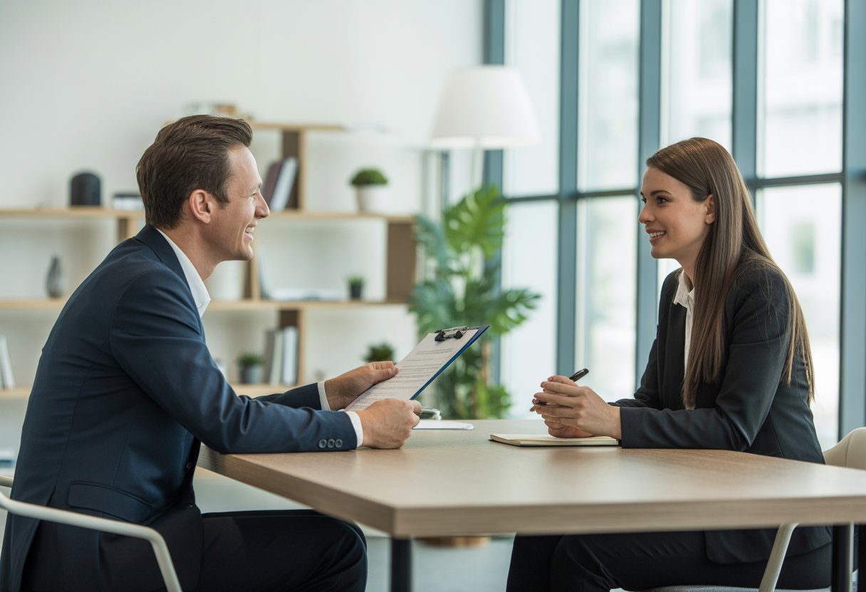 Ein Vorstellungsgespräch in einem modernen Büro mit einem Interviewer und einem Kandidaten, die an einem Tisch sitzen und miteinander sprechen.