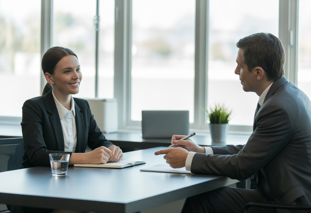 Ein Bewerber und ein Interviewer sitzen sich in einem modernen Büro gegenüber und führen ein Vorstellungsgespräch.